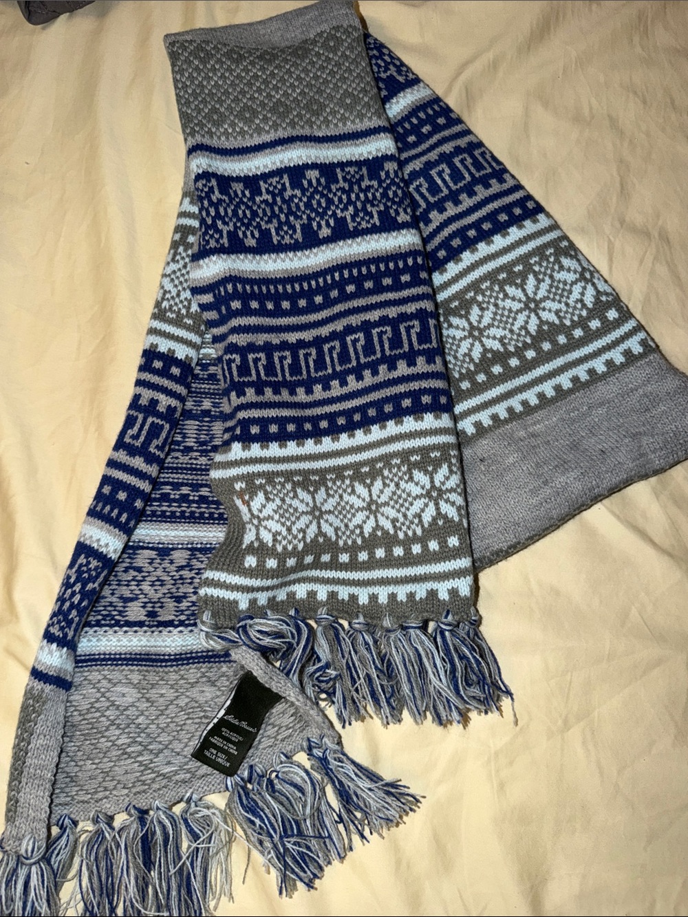 Eddie Bauer Gray and Blue Fair Isle Knit Scarf